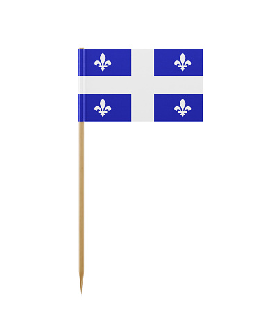 Tiny flag of Quebec on a toothpick. The flag has nicely detailed paper texture, High quality 3d render. Isolated on white background. Clipping path is included. 