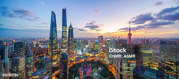 Shanghai Skyline Sunset Stock Photo - Download Image Now - Shanghai, China - East Asia, Urban Skyline
