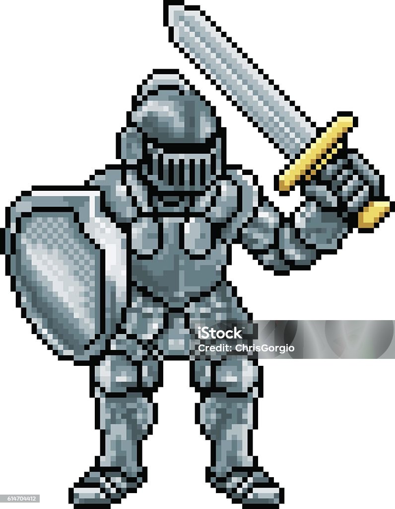 Pixel Art Knight Knight cartoon character in pixel art style in his suit of armour holding a sword and shield Pixelated stock vector