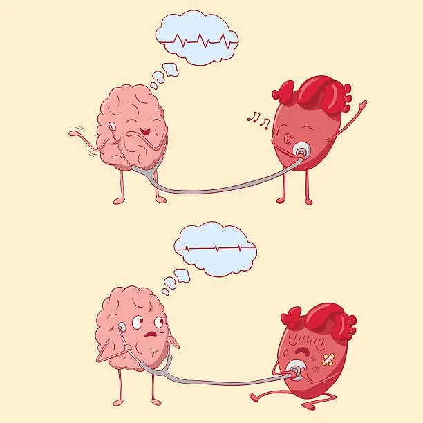 Vector illustration of Cute brain listens to the heart using a tonometer
