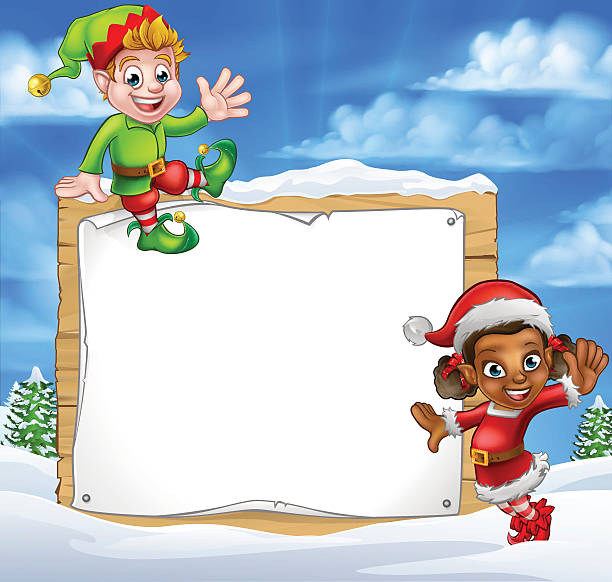 christmas elf cartoon characters snow sign - chris snow stock illustrations