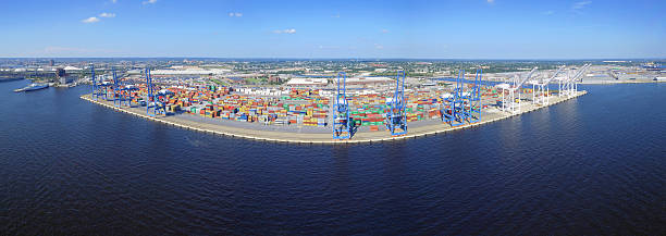 istock Aerial panoramic of an industrial port 614708914