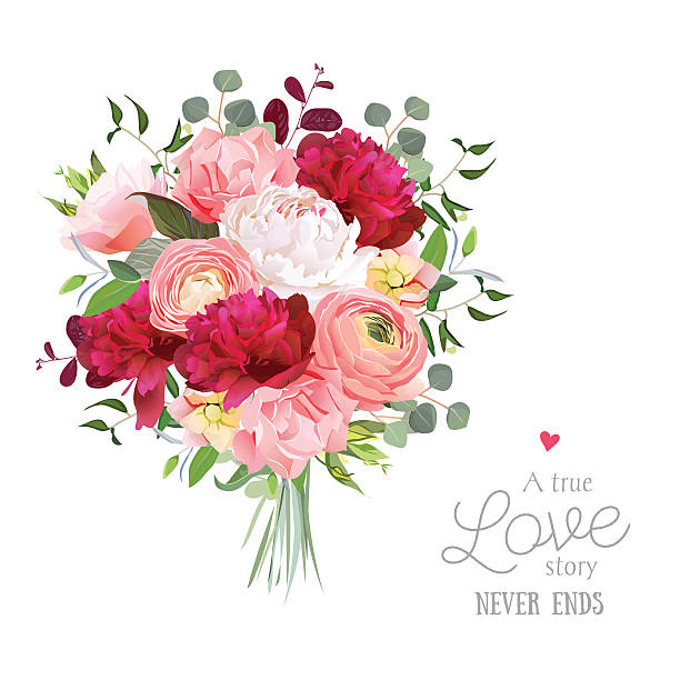 Luxury autumn vector bouquet with ranunculus, peony, rose, carnation Luxury autumn vector bouquet with ranunculus, peony, rose, carnation, green plants on white vector design set. Bunch of flowers in modern mixed style. All elements are isolated and editable. bunch of flowers stock illustrations