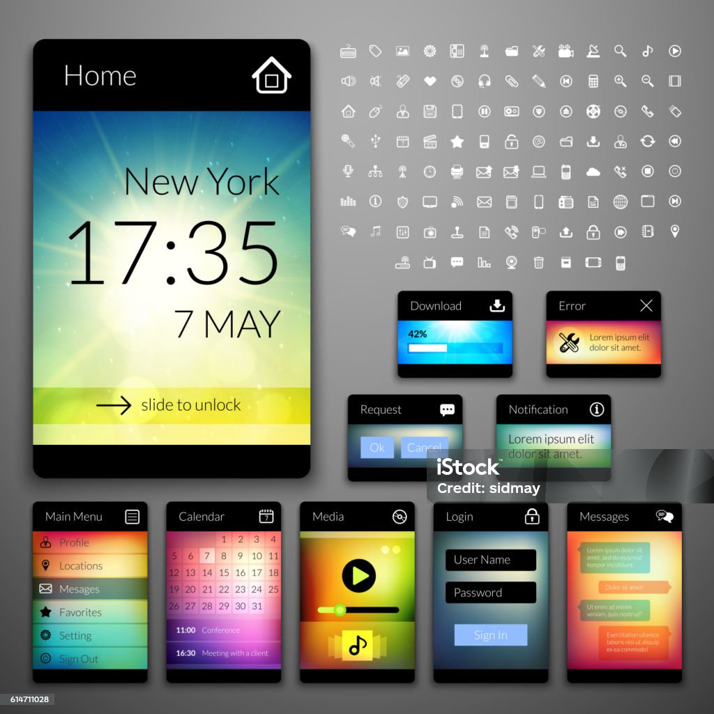 Ilustración de Elementos De La Interfaz Móvil Con Fondos De Pantalla Coloridos Y Conjunto De Iconos y más Vectores Libres de Derechos de Aplicación para móviles - iStock Ilustración de Elementos De La Interfaz Móvil Con Fondos De Pantalla Coloridos Y Conjunto De Iconos y más Vectores Libres de Derechos de Aplicación para móviles - iStock