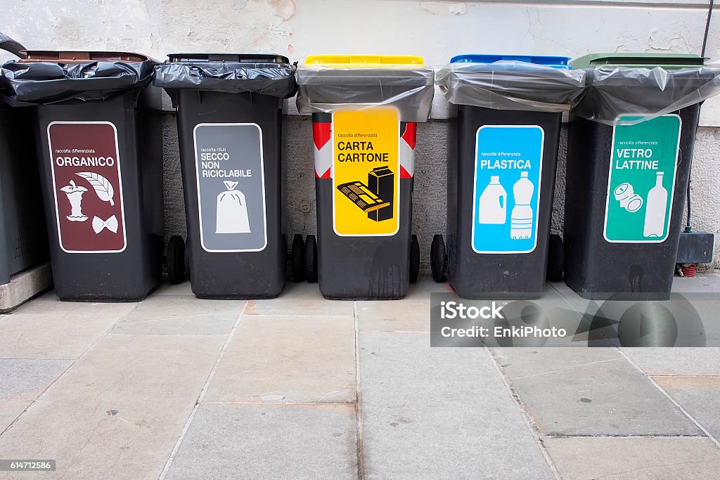 Recycling bins Recycling bins in an Italian street.  Recycling Stock Photo