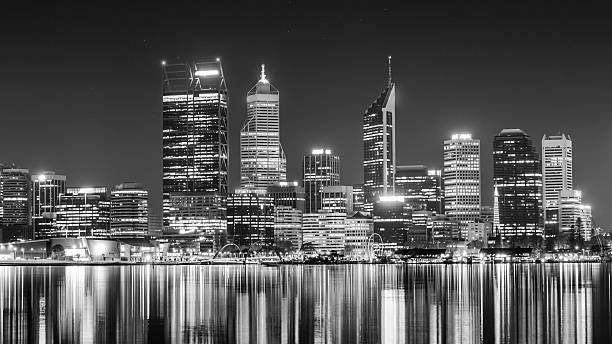 Perth City Night Lights - Black & White stock photo