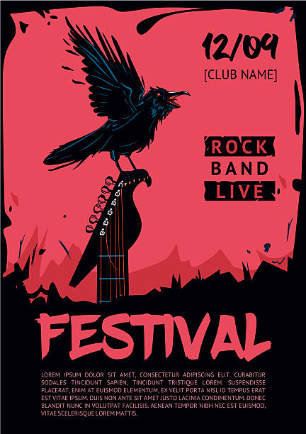 ilustraciones, imágenes clip art, dibujos animados e iconos de stock de plantilla de póster musical para concierto de rock. cuervo con guitarra. - modern rock old backgrounds old fashioned