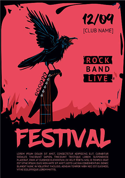 szablon plakatu muzycznego na koncert rockowy. kruk z gitarą. - riff stock illustrations