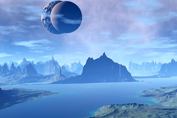 istock Fantasy alien planet. Mountain and lake. 3D illustration 614717624