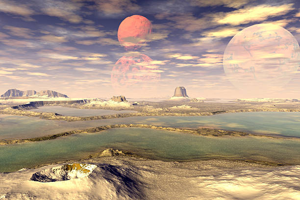 istock Fantasy alien planet. Mountain and lake. 3D illustration 614718876