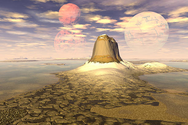 istock Fantasy alien planet. Mountain and lake. 3D illustration 614719020