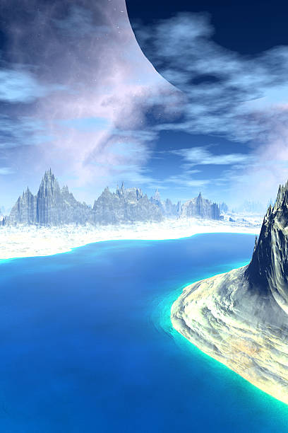 istock Fantasy alien planet. Mountain and lake. 3D illustration 614719534