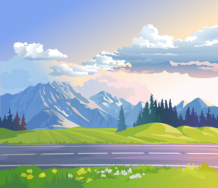 Vector illustration of a mountain landscape with coniferous forest