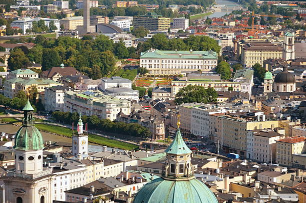 Aerial panoramic view of the Salzburg Aerial panoramic view of the Salzburg Kapuzinerberg stock pictures, royalty-free photos & images