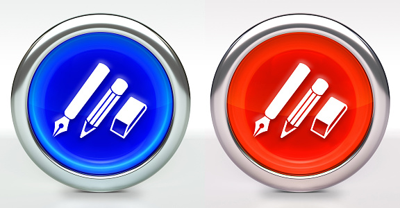 Writting Utensils Icon on Button with Metallic Rim. The icon comes in two versions blue and red and has a shiny metallic rim. The buttons have a slight shadow and are on a white background. The modern look of the buttons is very clean and will work perfectly for websites and mobile aps.