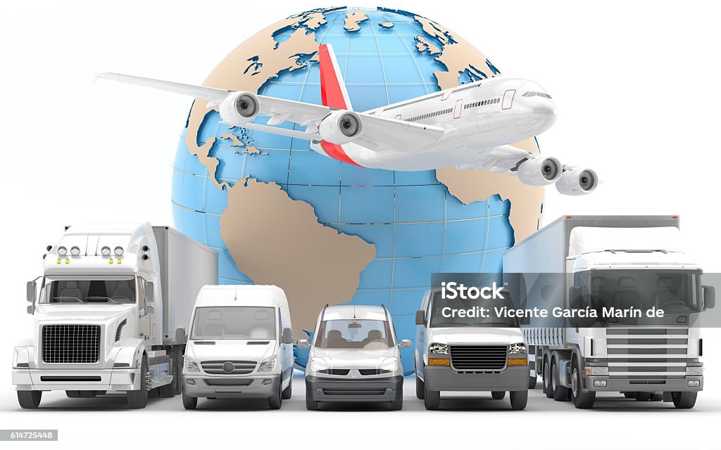 Emergency transport of goods by road and air Symbol of the urgent transport by road and air of goods. Two trucks, three vans and a plane. Fleet of Vehicles Stock Photo