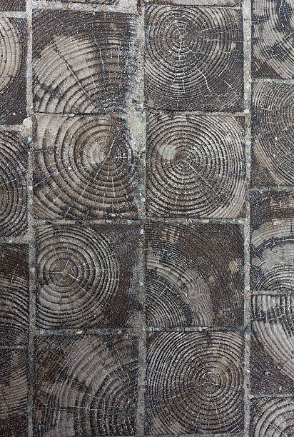 tree stump wooden tiles, texture - wood circular saw dirty old imagens e fotografias de stock