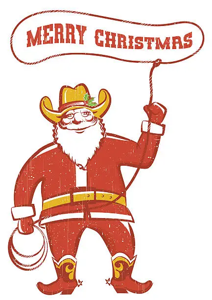 Vector illustration of Santa Claus in coywboy boots  twirling a lasso