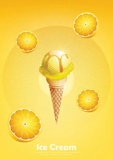 Vector illustration of Lemon ice cream cone, Pour lemon syrup