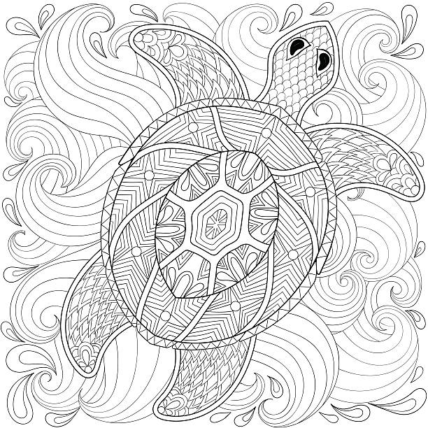 Turtle in ocean waves. Freehand sketch for adul Turtle in ocean waves. Freehand sketch for adult coloring page, doodle elements. Ornamental artistic vector illustration for tattoo, t-shirt print. Sea animal collection. adult coloring pages mandala stock illustrations