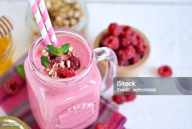 Berry Smoothie In A Glass Jar On The Breakfast Stock Photo - Download Image Now - Breakfast, Close-up, Concrete