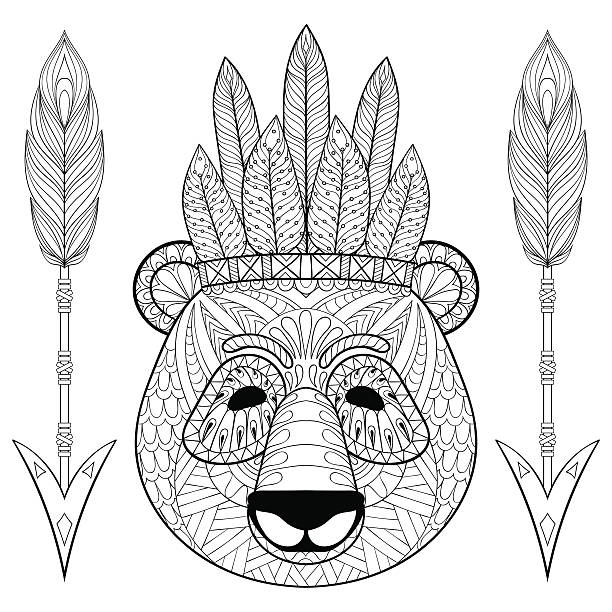 Panda with warbonnet, arrows Panda with war bonnet, arrows. Freehand sketch for adult antistress coloring page with doodle elements. Ornamental artistic vector illustration for tattoo, t-shirt print. Animal collection. war bonnet stock illustrations