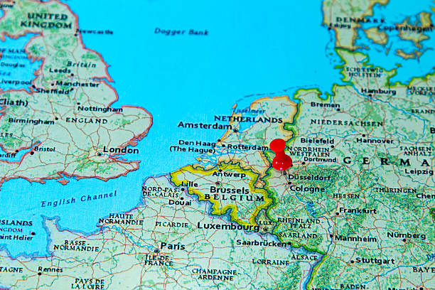 Dusseldorf, Germany  pinned on a map of Europe
