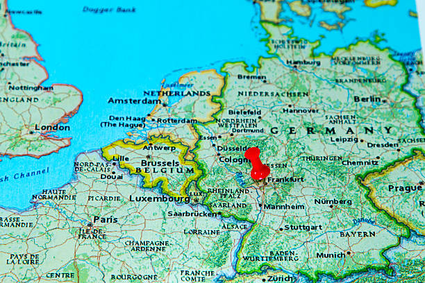 istock Frankfurt, Germany  pinned on a map of Europe 614734982