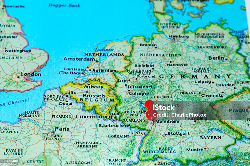 Mannheim, Germany  pinned on a map of Europe Mannheim, Germany  pinned on a map of Europe. Germany Stock Photo