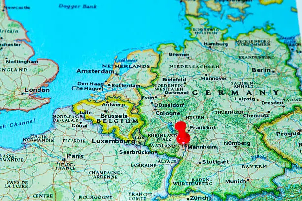 Mannheim, Germany  pinned on a map of Europe.
