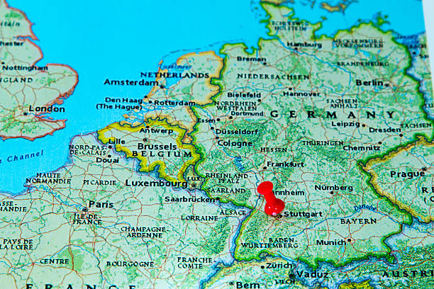 istock Stuttgart, Germany  pinned on a map of Europe 614735040