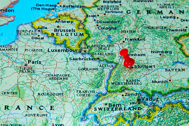 istock Stuttgart, Germany  pinned on a map of Europe 614735060