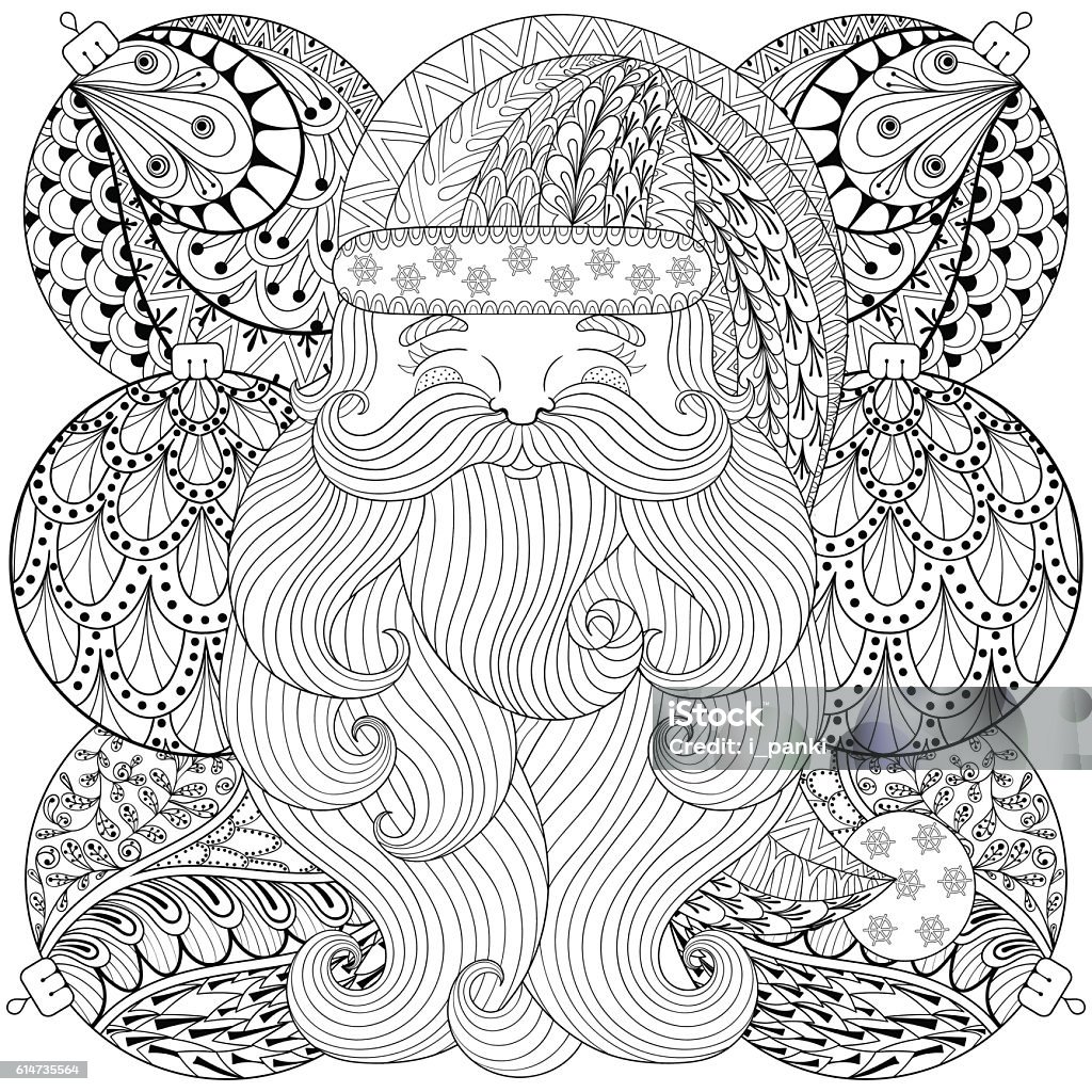 Fancy Santa on Christmas balls Fancy Santa on Christmas balls. Freehand ethnic Xmas sketch for adult coloring book. Ornamental artistic vector illustration. New Year 2017 collection. Christmas stock vector
