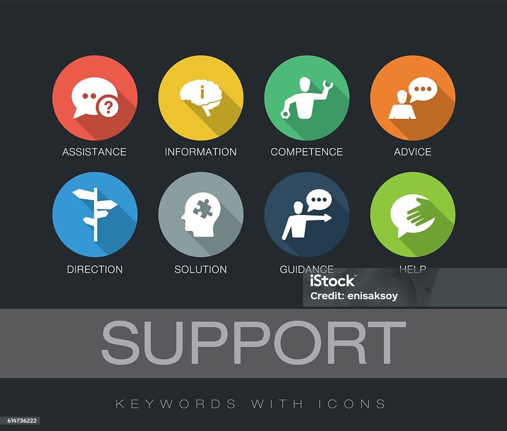 Support keywords with icons Support chart with keywords and icons. Flat design with long shadows Circle stock vector