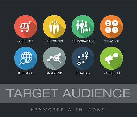 Target Audience chart with keywords and icons. Flat design with long shadows