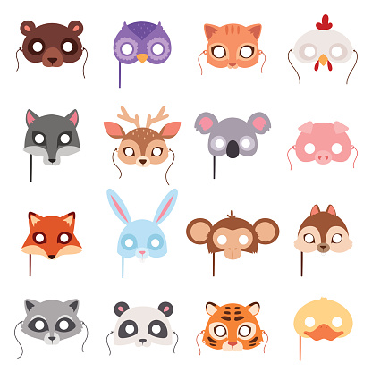 Set of cartoon animals party masks vector. Animal carnival mask vector holiday illustration party fun symbols. Celebration animal carnival mask character head masquerade festival decoration.