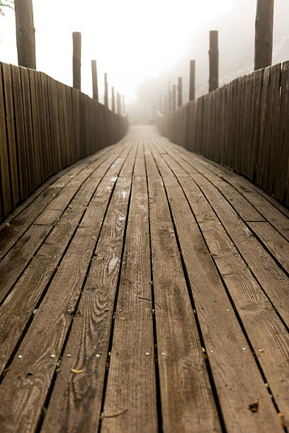 istock Wooden bridge with dense fog 614737662