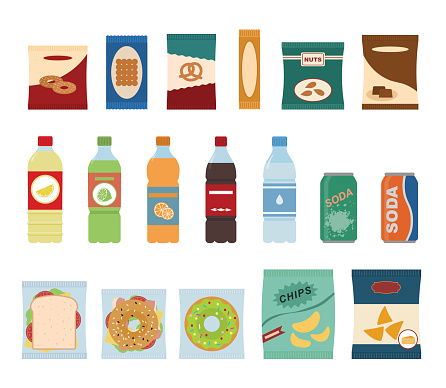 Fast food snacks and drinks flat icons. Vending machine with chip. Vector illustration