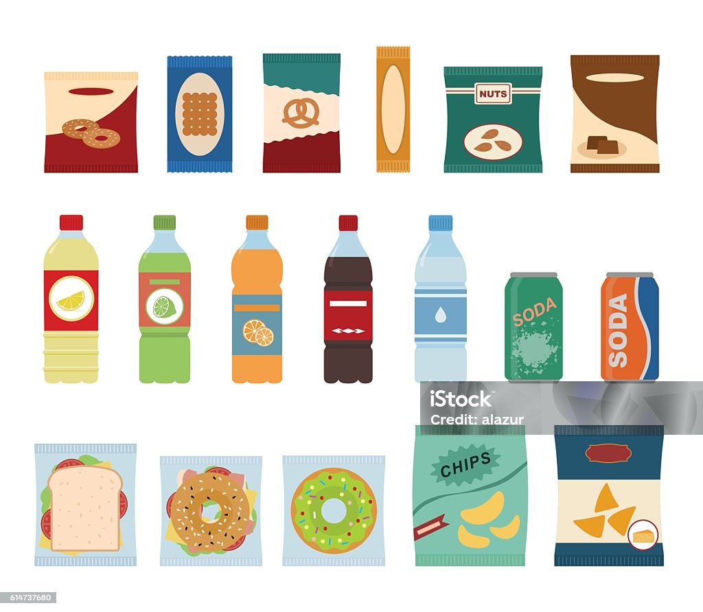 Fast food snacks and drinks flat icons. Fast food snacks and drinks flat icons. Vending machine with chip. Vector illustration Snack stock vector
