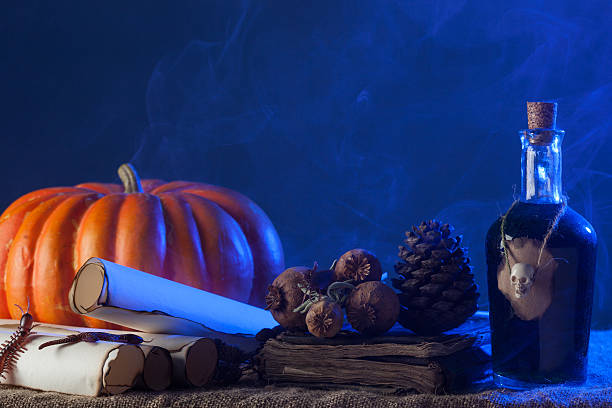 istock Group Of Halloween Objects Under Blue Fantastic Smoky Atmosphere 614738068