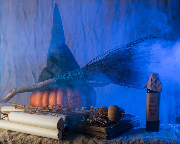 istock Group Of Halloween Objects Under Blue Fantastic Smoky Atmosphere 614738082
