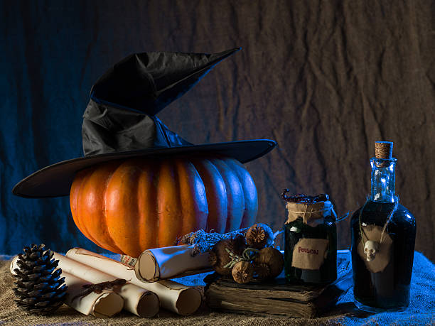 istock Group Of Halloween Objects On Burlap Fabric 614738120