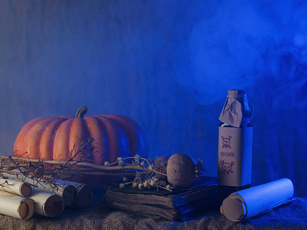istock Group Of Halloween Objects Under Blue Fantastic Smoky Atmosphere 614738128