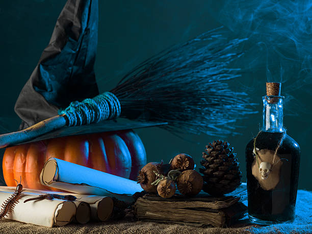 Group Of Halloween Objects Under Blue Fantastic Smoky Atmosphere