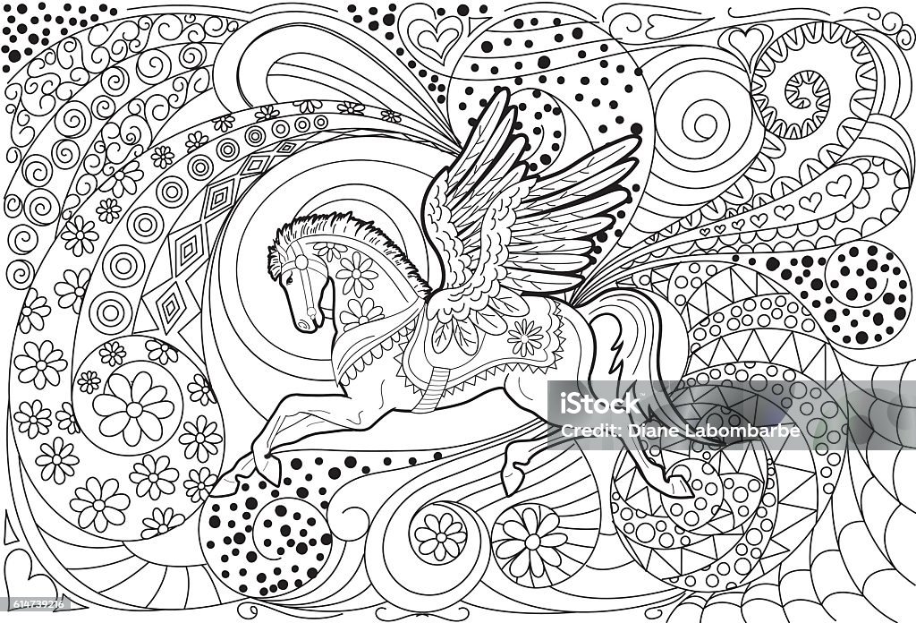 Pegasus Hand Drawn Adult Coloring Book Page Pegasus Hand Drawn Adult Coloring Book Page. Lots of details. Coloring Book Page - Illlustration Technique stock vector