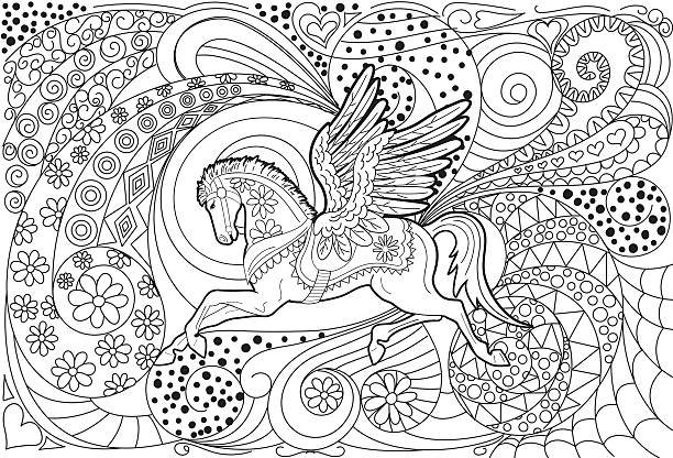 Pegasus Hand Drawn Adult Coloring Book Page Pegasus Hand Drawn Adult Coloring Book Page. Lots of details. pony wings stock illustrations
