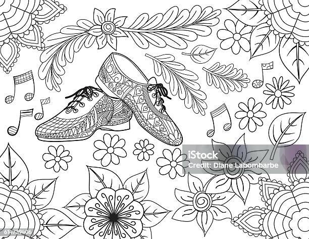 Jazz Shoes Hand Drawn Adult Coloring Book Page Stock Illustration - Download Image Now - Coloring Book Page - Illlustration Technique, Adult, Music