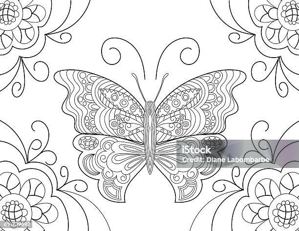 Butterfly Hand Drawn Adult Coloring Book Page Stock Illustration - Download Image Now - Butterfly - Insect, Coloring, Illustration