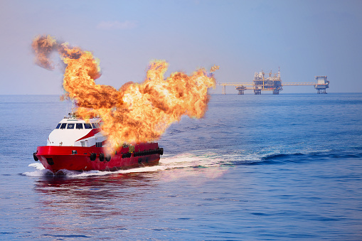 Fire burning on the boat in offshore oil and gas