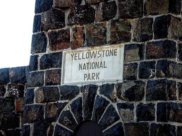 istock Yellowstone National Park with Brick Background 614742110